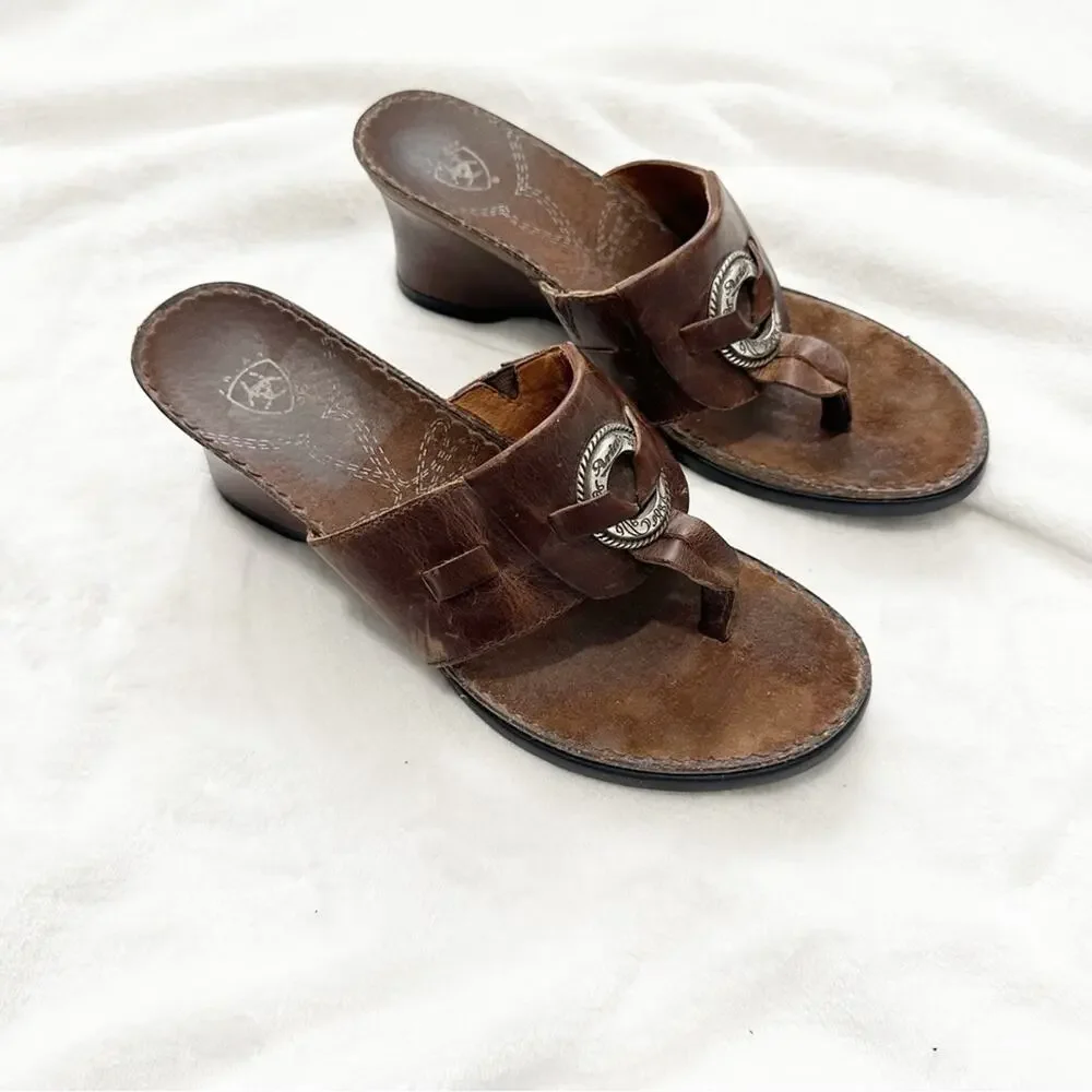 Ariat Brown Leather Sandals t strap with Silver Accent size 9 wedge cowgirl